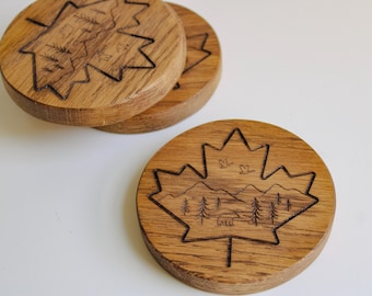 Coaster Set, Maple and Oak Coasters, Engraved, Housewarming Gift, Handmade Christmas Gift, Gift for men, Canadian Coaster Set