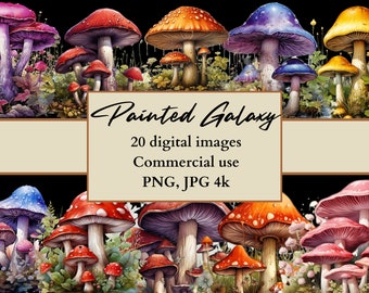 Watercolor Mushroom clipart, 100 high quality JPEG files, Watercolor Magic Mushrooms Clipart PNG download