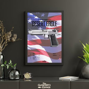 May include: A framed print featuring a Desert Eagle pistol against a backdrop of the American flag. The print includes specifications such as caliber, range, and weight. The text "MAGNUM RESEARCH" and "DESERT EAGLE" are prominently displayed.