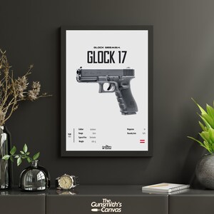Glock 17 – Schusswaffen-Drucke, Wandkunst für Schießstand-Dekoration, Militärwaffen-Enthusiasten, Geschenk, Gewehr-Waffen-Drucke, Revolverheld-Wandkunst-Poster
