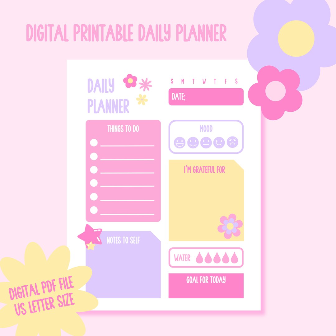 Digital Printable Daily Planner, Cute Colorful Bright Pastel Flowers ...