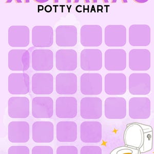 Könnte beinhalten: Ein helllila Töpfchen-Diagramm mit dem Text "XIOMARA'S POTTY CHART" oben. Das Diagramm hat 28 leere Quadrate und eine Cartoon-Toilettengrafik mit gelben Sternen.