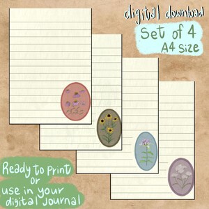 May include: A set of four A4 size digital download lined stationery pages. Each page features a unique oval illustration of flowers in shades of purple, yellow, and white. The text reads digital download Set of 4 A4 size Ready to Print or use in your digital Journal.