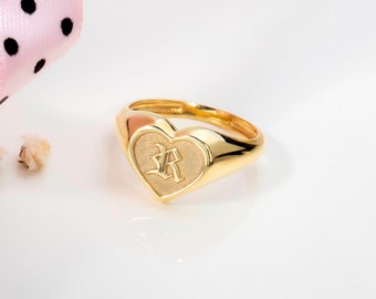 Engraved 925 Silver Initial Heart Pinky Ring - Personalized 14K Real Gold Signet Ring - Initial Signet Rings - Engraved Heart Ring