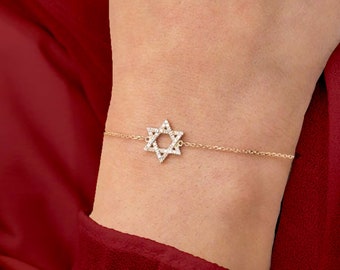 Star of David 925 Sterling Silver Bracelet - Megan Star Jewish Jewelry Israel Support Bracelet 14K Real Gold Option Gift For Bat Mitzvah