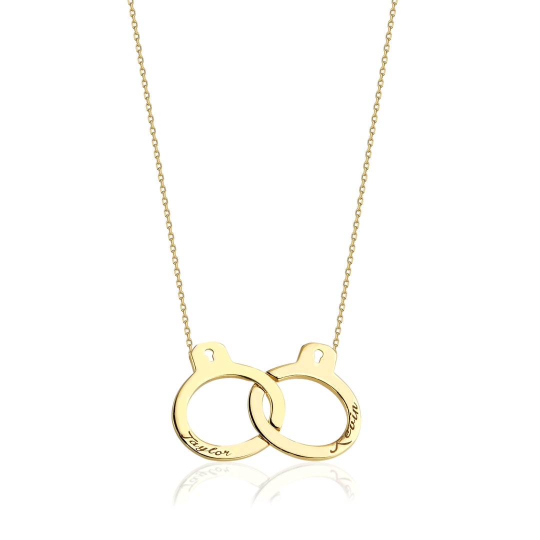 Custom Duo Handcuff With Names 14K GOLD Personalized Date Handcuff Promise Necklace Couple