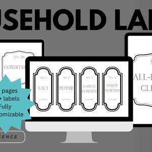 May include: Digital design for household labels displayed on a laptop, computer monitor, and tablet. The labels include text for shampoo, conditioner, salt, pepper, garlic powder, onion powder, and all-purpose cleaner. The design is fully customisable with 34 pages and 80+ labels.