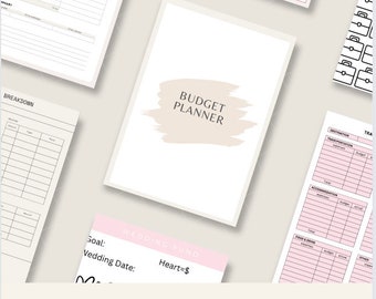 Może przedstawiać: Drukowany planer budżetu w różowo-białym schemacie kolorystycznym. Planer zawiera sekcje na miesięczne wydatki, dochody i rozbicie kosztów ślubu. Tekst "PLR BUDGET PLANNER" jest wyświetlany na dole obrazu.