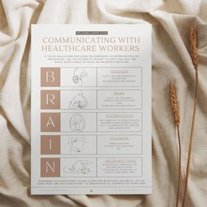 May include: A printable chart with the acronym "B.R.A.I.N." to help communicate with healthcare workers. The chart is on a white background with brown text and illustrations of pregnant women. The acronym stands for Benefits, Risks, Alternatives, Intuition, and No or Not Now.