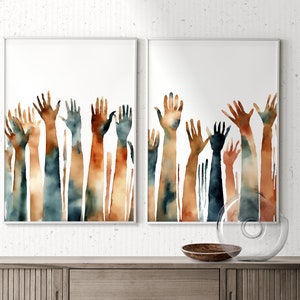 Kaleidoscopic Embrace, Set of 2 Watercolor Hands, Contemporary Art Print, Abstract Minimalist Modern Art, Boho Wall Decor