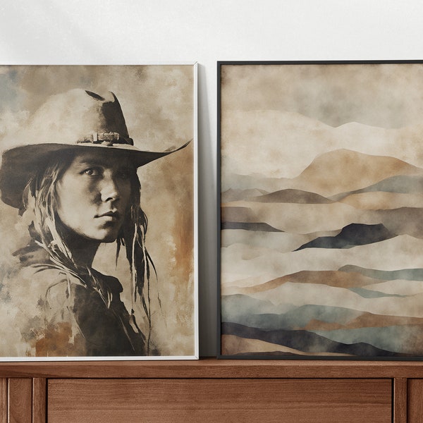 Set of 2 Boho Old West Wall Art, Desert Landscape, Vintage Cowgirl, Perfect for Living Room, Minimalist Western Themed Poster Art 24x36in