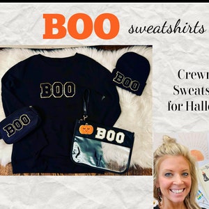 Sudadera de cuello redondo "BOO" de Halloween, camisas de otoño y Halloween para mujeres, hombres y niños. Trajes de otoño, camisas de Halloween para profesores, truco o trato.