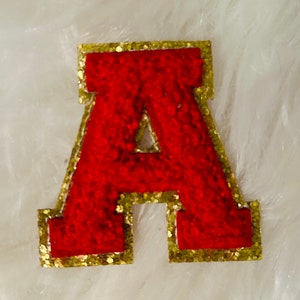 Letras de chenilla, rojas con borde dorado, autoadhesivas y termoadhesivas