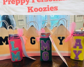 Slim Can Koozie. Preppy Letter Patch Slim Koozie or Standard Can Koozie. Standard or Slim Can. Personalized Gift. Fits Alani Energy Drinks.