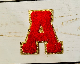 Chenille letters - red with gold trim - self adhesive and iron on