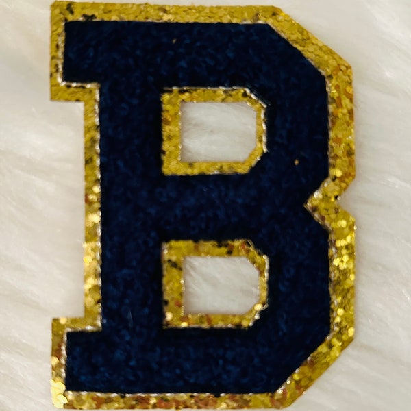 Chenille letters - navy blue with gold trim - fabric glue and iron on