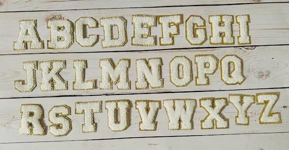 Chenille Letters  - White with gold trim - self adhesive and iron on