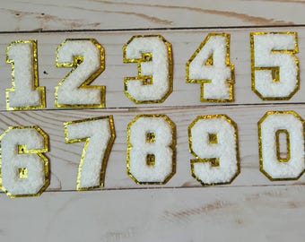 Chenille Number Patches, Number Patch  - White with gold trim - self adhesive and iron on for DIY projects.