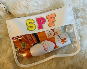 Sunscreen Bag - Perfect clear "SPF" pouch for all your sun care needs. Great for beach, pool, camp, sports, car, backpack, or diaper bags!