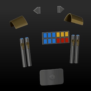 Puede incluir: Un conjunto de componentes de panel de control de nave espacial impresos en 3D, que incluye un panel de control con botones azules, amarillos y rojos, dos palancas de control, dos paneles curvos y un panel plano con un diseño circular.