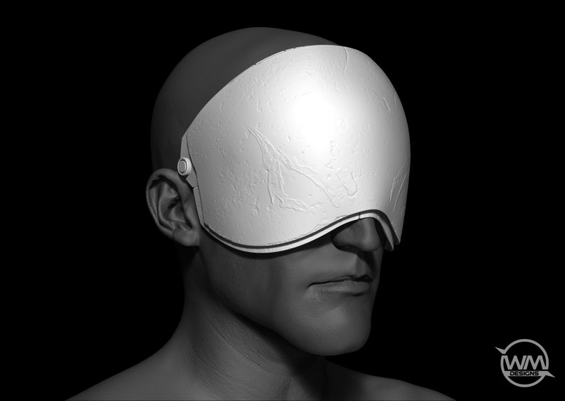 May include: A grayscale image of a person wearing a white, textured visor that covers their eyes. The visor has a thin, dark line around the edge.