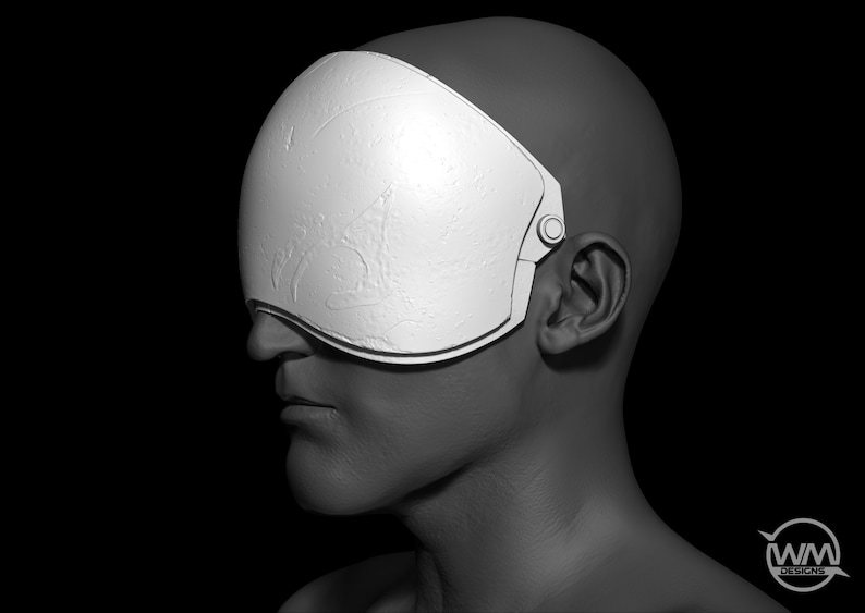 May include: A white, textured, curved visor covers the eyes of a 3D model of a person's head. The visor is attached to the head with a strap that goes around the back of the head.