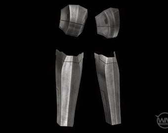 May include: A set of four silver-colored metal armor pieces for the legs. The pieces include two knee pads and two shin guards.