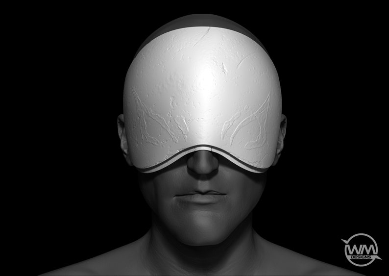 May include: A person wearing a white, textured blindfold over their eyes.