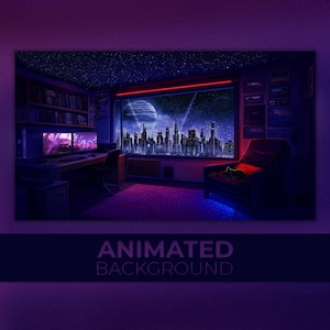 May include: An animated background image featuring a futuristic cityscape viewed through a large window. The room is illuminated with purple and blue lighting, with a starry ceiling and a desk with dual monitors. The text "ANIMATED BACKGROUND" is at the bottom.