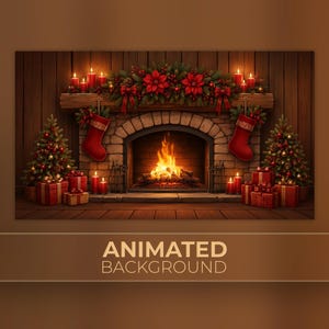 Animated Background | Cozy Christmas Fireplace | Red Stockings, Poinsettias, Candles & Gifts | MP4 Video