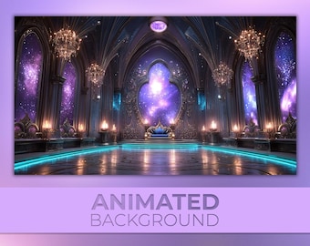 Op de afbeelding: Een geanimeerde achtergrond met een grandioze, sierlijke hal met een hemels thema. De scène bevat grote boogvensters met een levendig sterrenstelsel, kroonluchters en een gloeiende blauwe vloer. De tekst "ANIMATED BACKGROUND" staat onderaan.