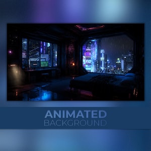 Può includere: Opera d'arte digitale raffigurante una stanza futuristica con una grande finestra che si affaccia su un paesaggio urbano notturno. La stanza è illuminata da luci al neon e il testo "ANIMATED BACKGROUND" è in basso.