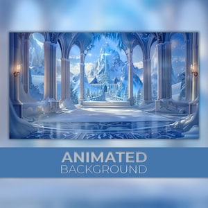 May include: An animated background featuring a large, ice-covered mountain with a castle at its peak. The scene is viewed from inside a large, arched hall with snow-covered floors and pillars.