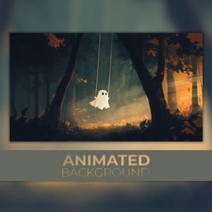 May include: A white ghost on a swing in a dark forest with a golden light shining through the trees.