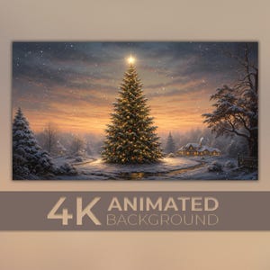 Peut inclure: Une illustration numérique d'un paysage enneigé avec un grand sapin de Noël illuminé surmonté d'une étoile brillante. La scène comprend une maison, des arbres et de la neige qui tombe sous un ciel au coucher du soleil. Le texte indique 4K ANIMATED BACKGROUND.