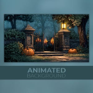 May include: An animated background image featuring a spooky Halloween scene. A wrought iron gate is flanked by stone pillars and pumpkins. A glowing lantern illuminates the path. The text "ANIMATED BACKGROUND" is displayed at the bottom.