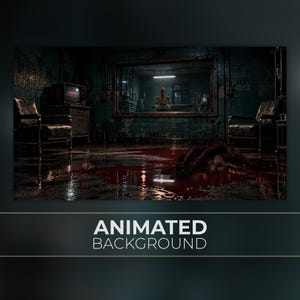 Puede incluir: Un fondo animado que muestra una habitación oscura y arenosa con paredes de color verde azulado descascaradas, dos sillas y un televisor. Un gran charco de sangre cubre el suelo, con una figura visible a través de una ventana. Texto ANIMATED BACKGROUND.