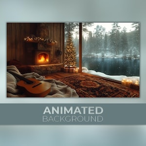 Fondo animado: Cabaña navideña, Lago invernal, Guitarra junto a la chimenea, Serenata nevada, Fondo de Twitch para Zoom y Vtuber