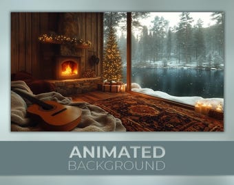 Animated Background, Christmas Cabin, Winter Lake, Fireside Guitar, Snowfall Serenade, Twitch Stream Zoom Vtuber Background
