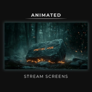 May include: Animated stream screen with a dark forest background. A large rock with the text "STARTING SOON" in orange is in the center of the image. The rock is surrounded by glowing embers.