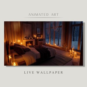 Puede incluir: Una acogedora escena de dormitorio con una cama, chimenea y grandes ventanas con vistas a un paisaje nevado. La habitación está iluminada por numerosas velas, creando un ambiente cálido y acogedor. El texto "ANIMATED ART" y "LIVE WALLPAPER" son visibles.