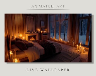 Animated  Background, Candlelit Winter Bedroom, Snowy Forest Window, Cozy Fireplace Room, Twitch OBS VTuber Background