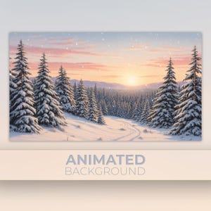 May include: A digital illustration of a snowy winter forest landscape at sunset. Tall evergreen trees covered in white snow stand on both sides of a winding path. The sky features soft pink and orange hues with light snowfall.