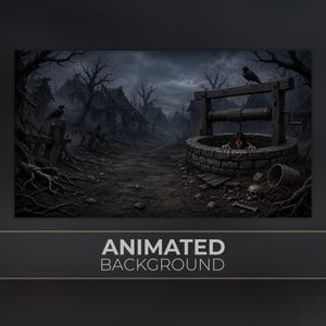 May include: A dark, atmospheric digital illustration featuring a stone well in a desolate, ruined village. A figure with glowing red eyes emerges from the well. Crows perch on wooden structures, and a skull lies on the ground near the well.