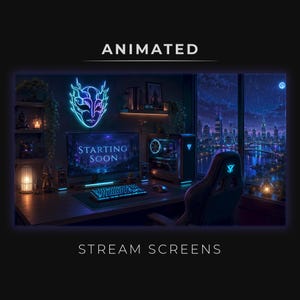 May include: A digital stream screen display featuring a gaming setup with a computer monitor showing the text STARTING SOON, a mechanical keyboard, a mouse, a tower case, a gaming chair, and a glowing neon mask wall light in a room.