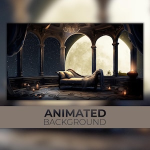 May include: A night scene with a large moon shining through a window in a room with a chaise lounge and candles on the floor.