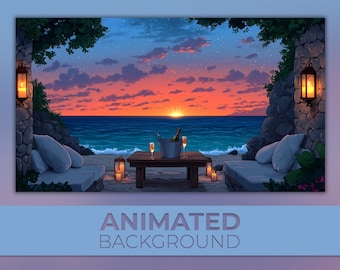 Arrière-plan animé, salon de plage romantique, coucher de soleil avec champagne, date avec vue sur l'océan, lueur au bord de la mer, zoom sur le flux Twitch arrière-plan Vtuber