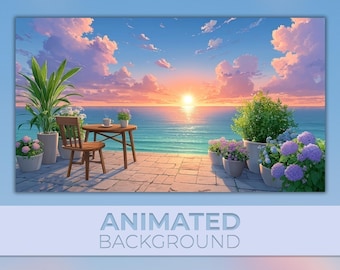 Animated Background, Sunset Coffee, Coastal Peace, Ocean Glow, Warm Horizon, Seaside Moment, Twitch Stream Zoom Vtuber Background