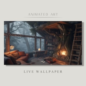 Animated Background, Tree House In The Forest, Cozy Living Room, Fireside Comfort, House in the Woods, Home Sweet Home, Zoom Background