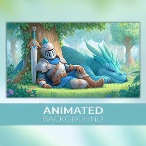 Può includere: Illustrazione di un cavaliere con armatura argentata e abito blu che riposa contro un albero accanto a un drago blu addormentato. Una spada è appoggiata all'albero. Il testo "ANIMATED BACKGROUND" è in basso nell'immagine.